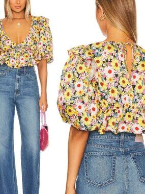 For Love & Lemons Glenn Crop Top Floral Blouse Cropped Colorful Yellow Medium